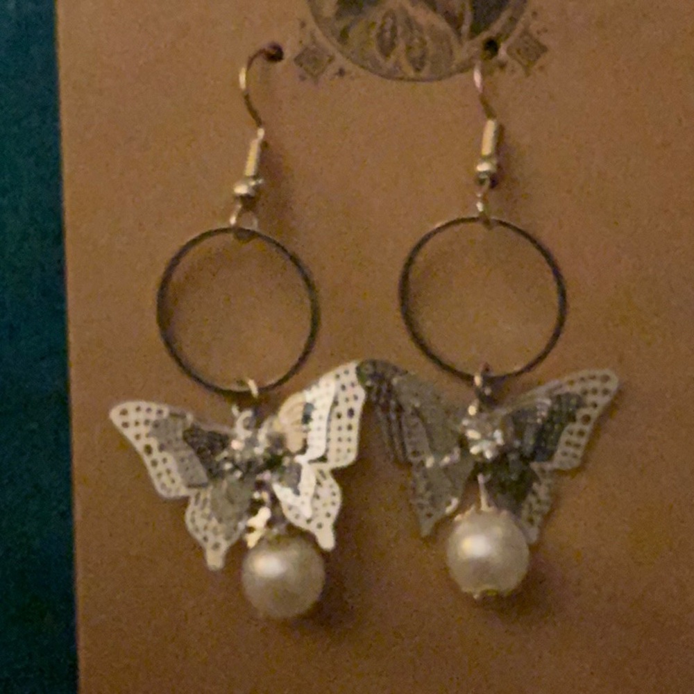 Silver Butterfly Dangle Earrings with Pearl Accent